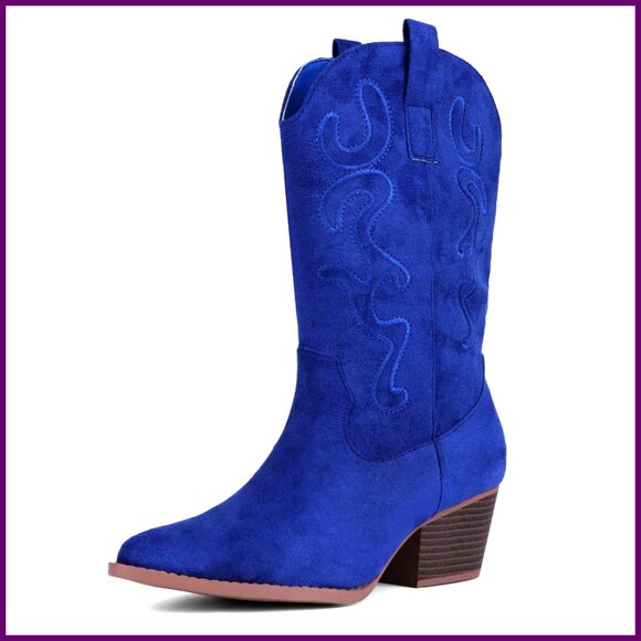 Western Cowgirl Boots Mid Calf Embroidered Chunky Heel Fashion Footwear